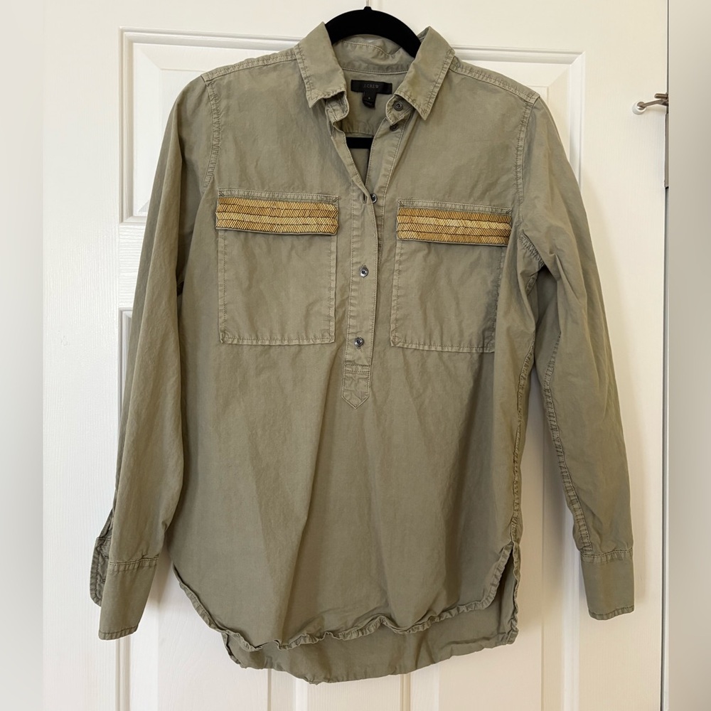 JCrew Olive Green Button-Up Shirt with Gold Beading